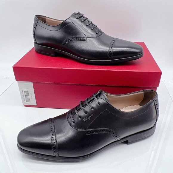 Salvatore Ferragamo Riley Men Dress Shoes Lace Up Oxfords Black Leather US 7.5 E - Picture 2 of 13